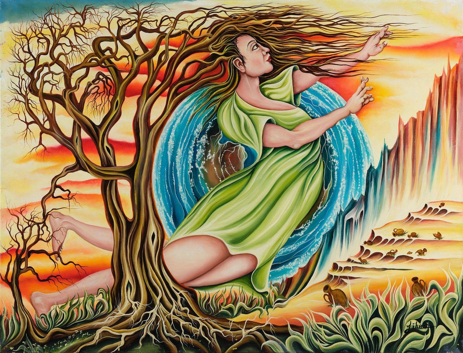 A woman in green drifting through gnarled trees under a burning sky. Love and Nature, plate 13, by Mikael Jihann