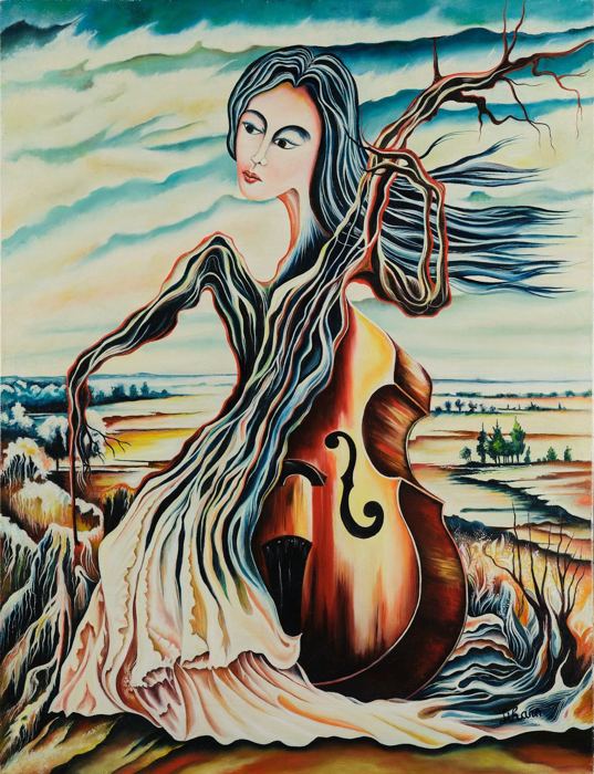 A woman whose gown becomes a cello in a wide landscape. Love and Nature, plate 8, by Mikael Jihann