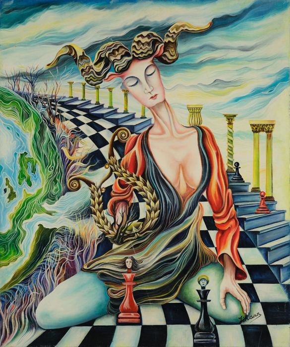 A reclining woman on a checkered path lined with columns. Love and Nature, plate 10, by Mikael Jihann