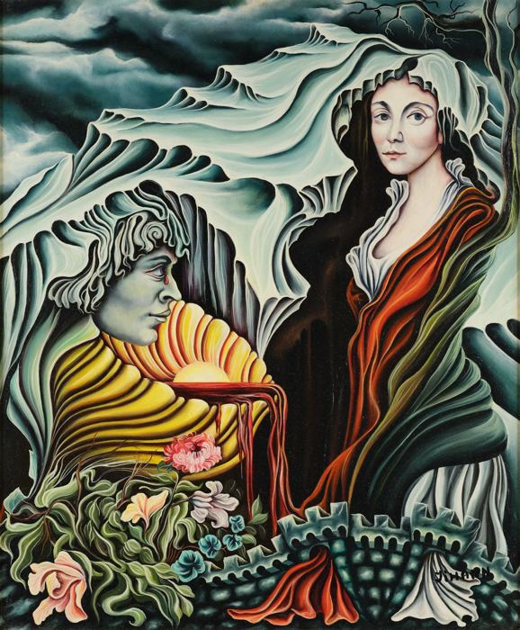 Two figures wrapped in billowing drapery among flowers. Me and You, plate 3, by Mikael Jihann