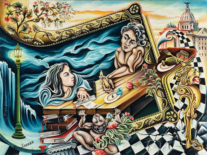 A woman writing at a desk inside a gilded frame, waves and a domed city behind. Me and You, plate 7, by Mikael Jihann