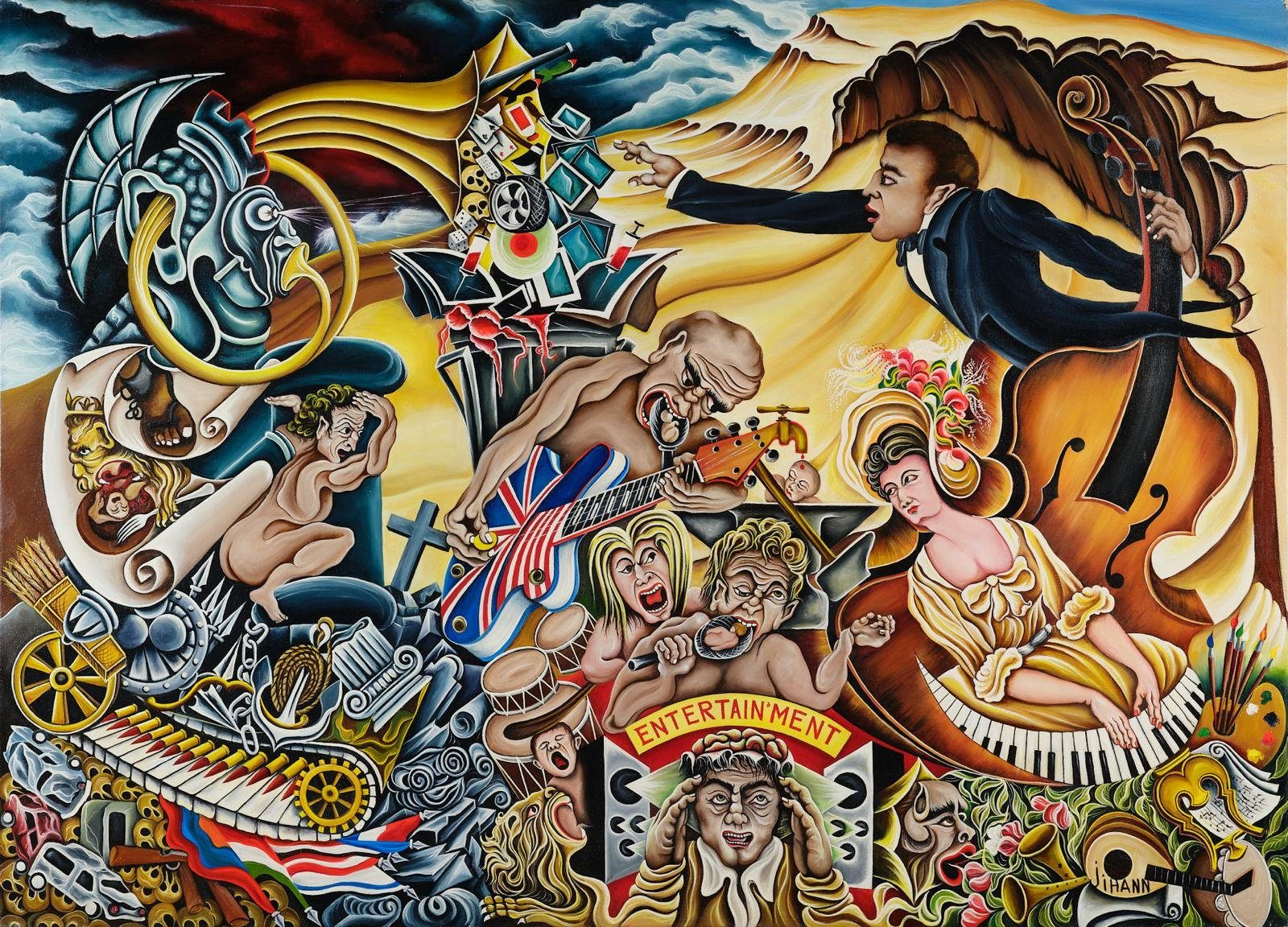 A crowded, swirling composition of figures, instruments and machinery. Surrealism, plate 3, by Mikael Jihann