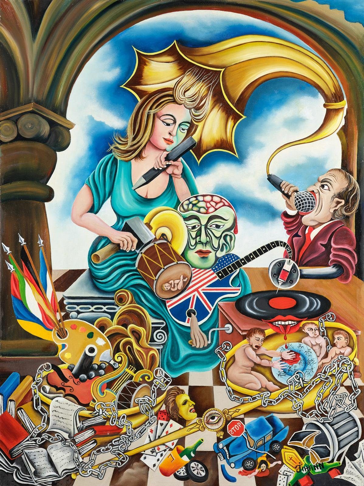 A woman with a guitar beneath a yellow umbrella, surrounded by masks and instruments. Surrealism, plate 7, by Mikael Jihann