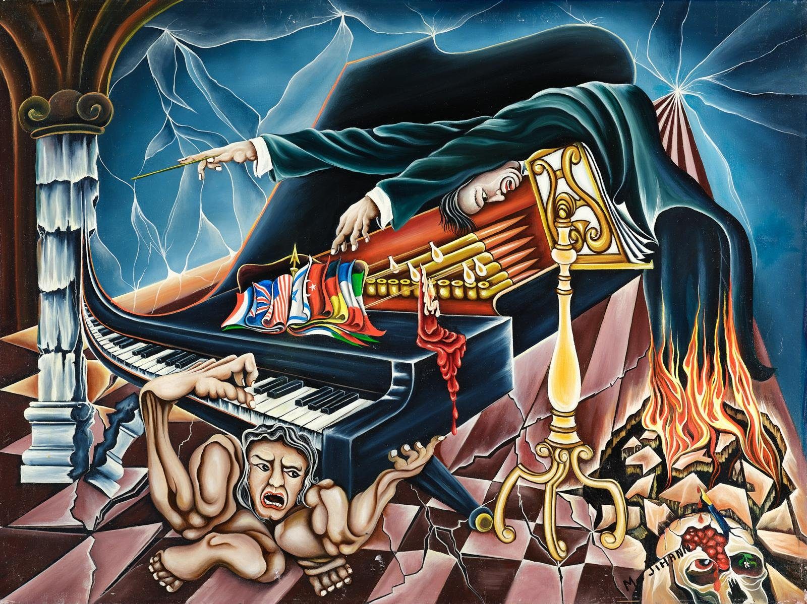 A pianist sprawled across a grand piano on a tilted checkered floor. Surrealism, plate 9, by Mikael Jihann