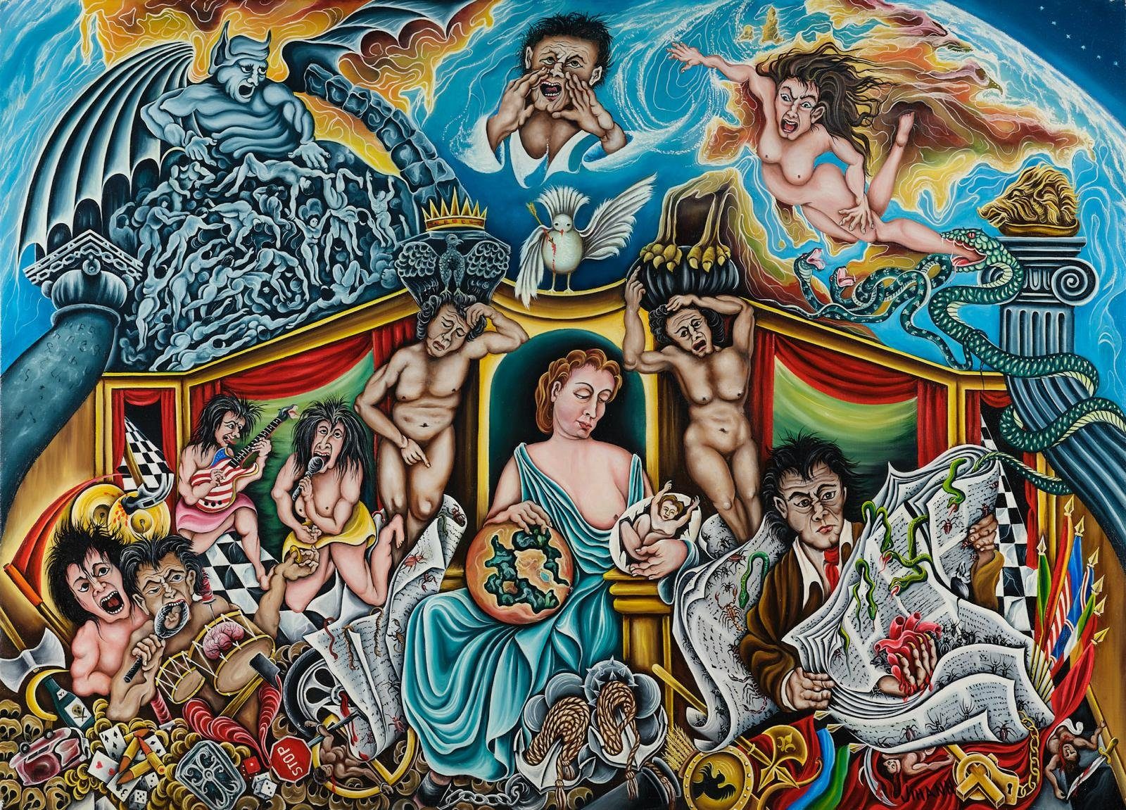 A crowded carnival stage of figures beneath a sky of cherubs. Surrealism, plate 10, by Mikael Jihann