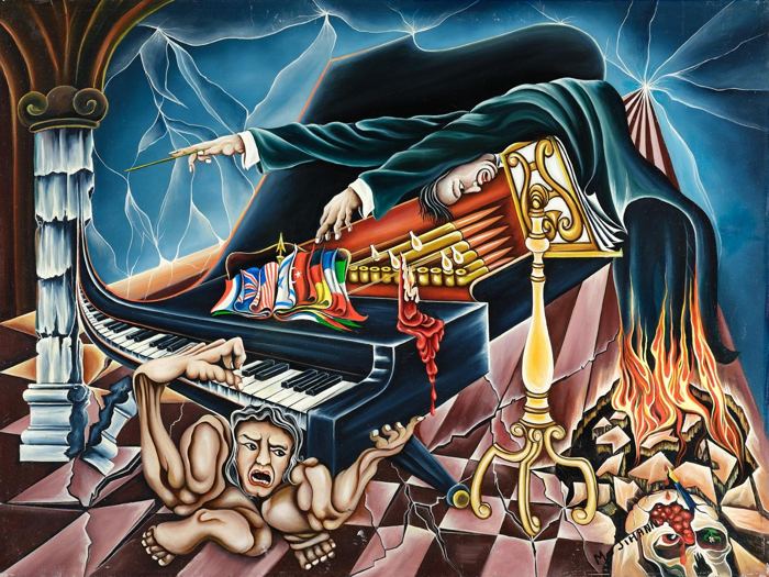 A pianist sprawled across a grand piano on a tilted checkered floor. Surrealism, plate 9, by Mikael Jihann