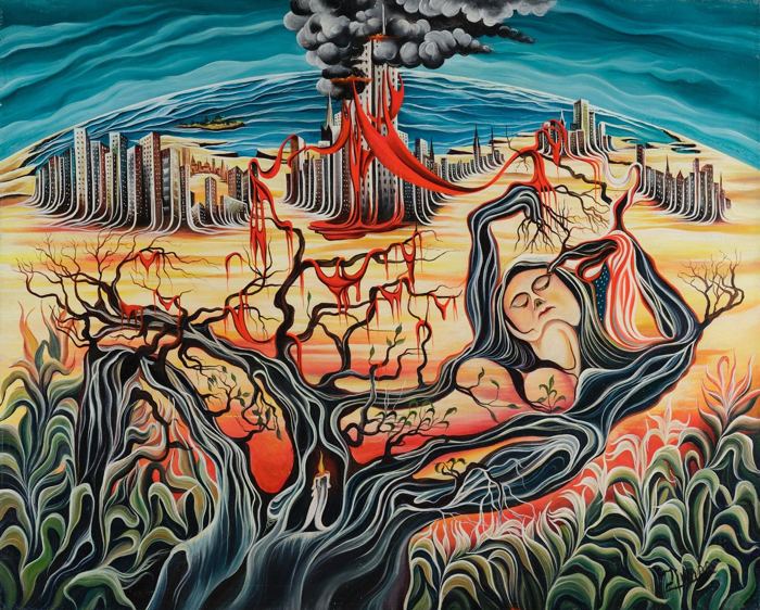 A twisted red tree and a reclining figure before an erupting city skyline. Surrealism, plate 11, by Mikael Jihann